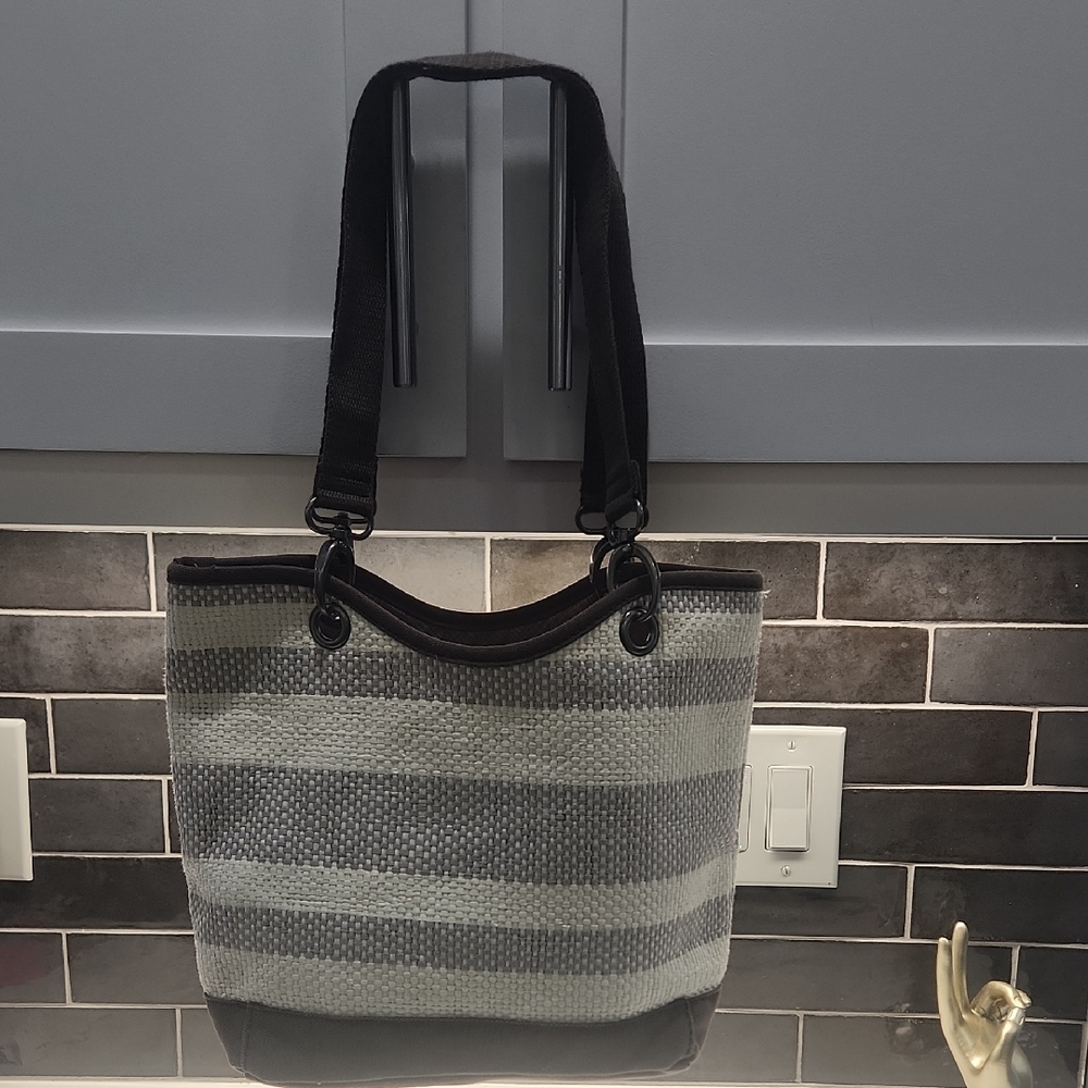 Thirty-One Tote Bag, Brown & Gray Stripes, Woven. EUC